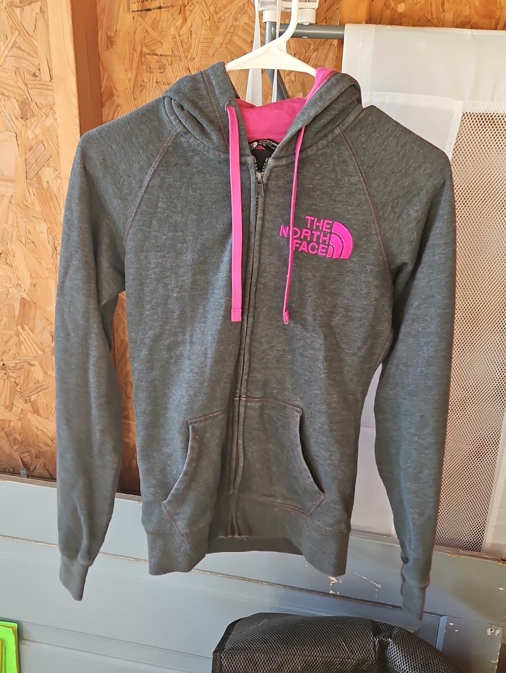 The North Face Charcoal Gray Hoodie with Hot Pink Logo